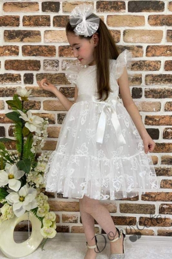 Детска рокля с къс ръкав в бяло с пеперуди и панделка за коса