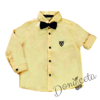 Официална детска риза с дълъг ръкав в жълто с тъмносиня папийонка на точки