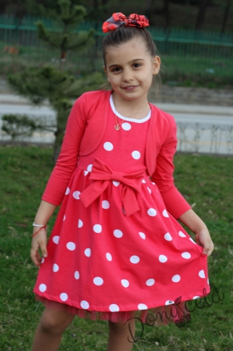 Детска рокля в цвят диня на бели точки с болеро