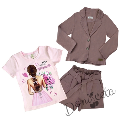 Детски комплект от сако, къси панталони в пепел от рози и тениска в розово