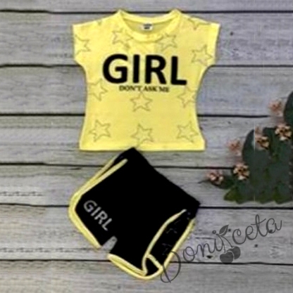 Комплект за момиче от тениска в жълто и къси панталонки в черно