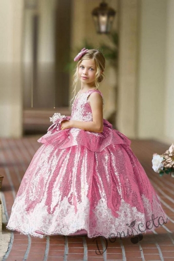 Официална детска дълга рокля с къс ръкав в розовов с обръч Карла