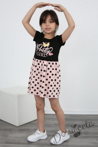 Ежедневна детска рокля с къс ръкав в черно и розово на точки