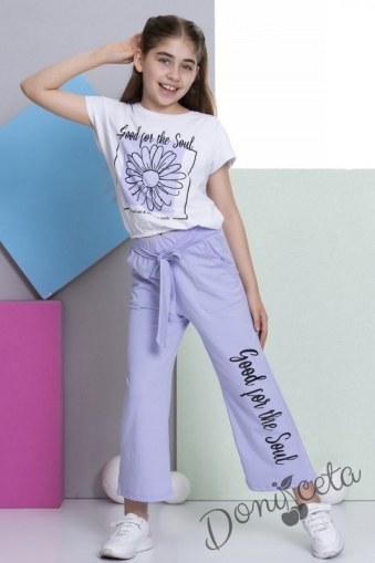 Комплект за момиче от тениска в бяло с цвете и панталон в лилаво 9436465
