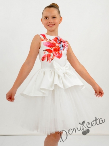 Официална детска рокля Надежда с тюл в бяло с цветя