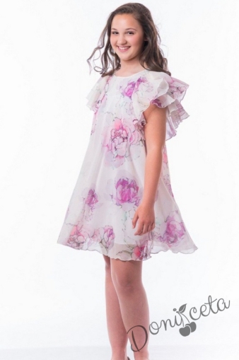 Лятна детска рокля Contrast с къс ръкав в бяло на цветя