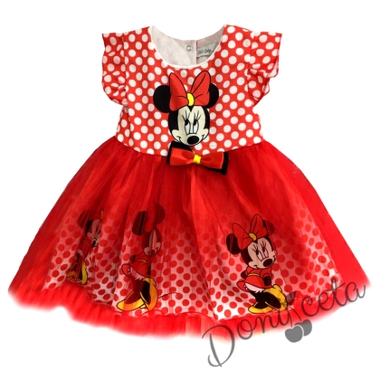 Детска рокля с къс ръкав с Мини Маус в червено с тюл