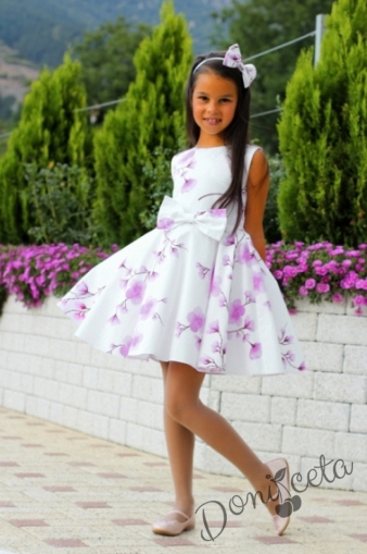 Детска рокля в бяло на нежни лилави цветя/орхидеи тип клош Рали 1