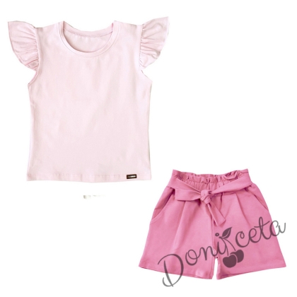Летен комплект момиче от къси панталони в розово и тениска в розово 533522 1