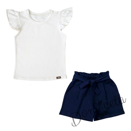 Летен комплект момиче от къси панталони в тъмносиньо и тениска в бяло 586744