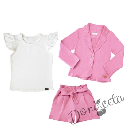 Детски комплект от къси панталони, сако в розово и тениска в бяло 1