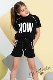 Комплект за момиче от тениска с качулка и къси панталонки в черно 1