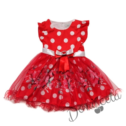 Ежедневна детска рокля с къс ръкав в червено на цветя с тюл 322587 1