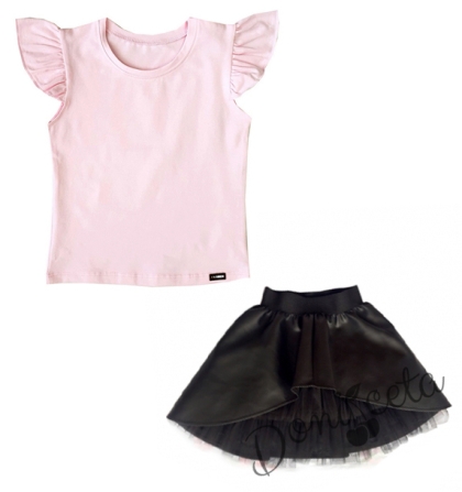 Комплект Дари от тениска в розово с къс ръкав и кожена пола в черно