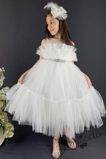 Официална детска рокля без ръкав Миналия с богат тюл в бяло и панделка за коса