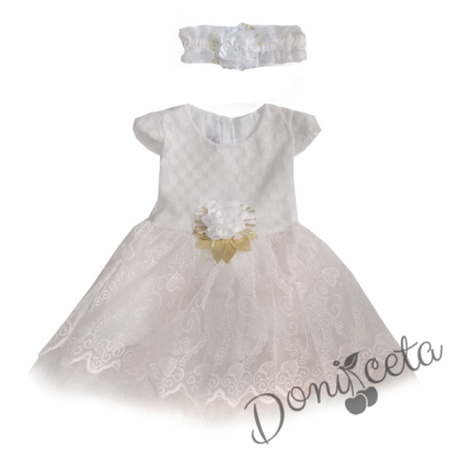 Официална детска рокля в бяло без ръкав с тюл и лента за коса 1