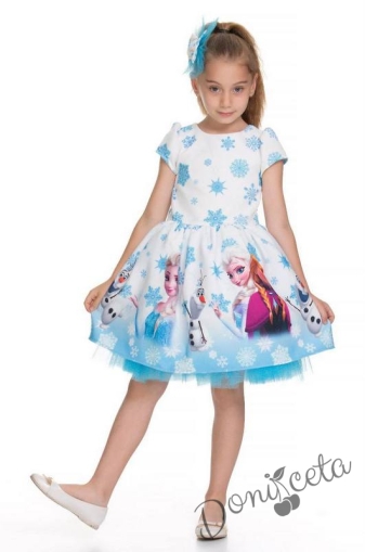 Детска официална рокля с къс ръкав в бяло с Елза и Анна