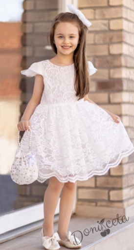 Детска рокля с къс ръкав от дантела в екрю на цветя, панделка за коса и чанта