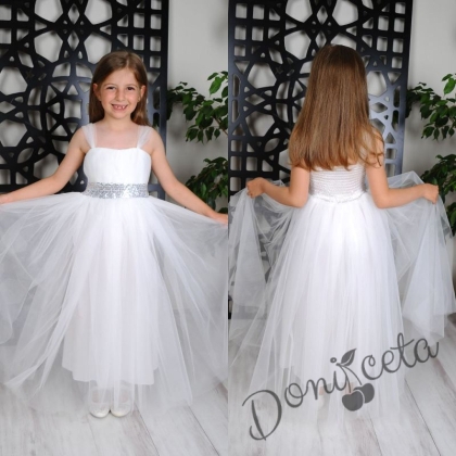 Официална детска дълга рокля Даналия без ръкав в бяло с тюл 1