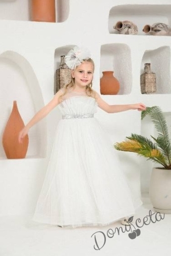Официална детска дълга рокля без ръкав в бяло с тюл и диадема
