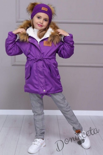 Детски комплект за момиче от яке в лилаво, кариран панталон и шапка