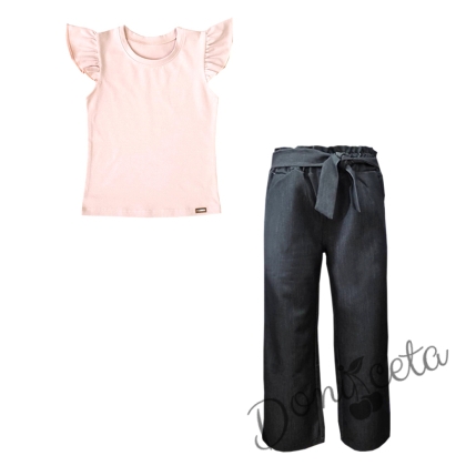 Комплект за момиче от тениска в розово и панталон в графитено сиво 