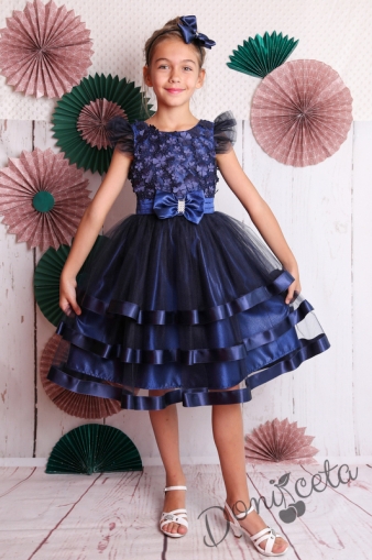 Официална детска рокля в тъмносиньо с 3D цветя и тюл 312ТСЦ