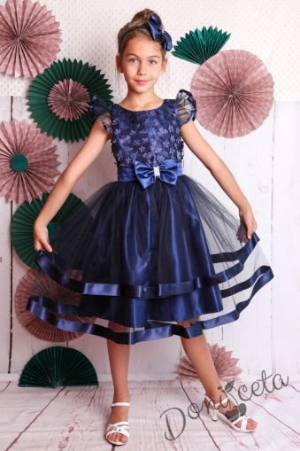 Официална детска рокля в тъмносиньо с тюл и 3D цветя 212ТСЦ