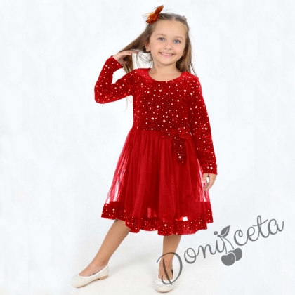 Детска рокля с блясък и тюл в червено с дълъг ръкав 86975443