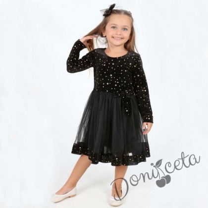 Детска рокля с блясък и тюл в черно с дълъг ръкав
