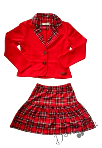 Детски комплект за момиче от пола и сако в червено каре 1