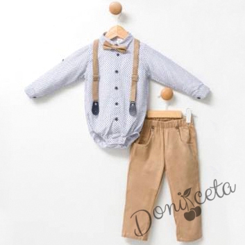 Бебешки комплект от боди-риза в бяло панталон,тиранти и папийонка в бежово