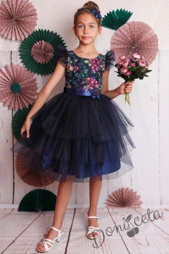 Официална детска рокля с къс ръкав на цветя с тюл в тъмносиньо 288МВРС