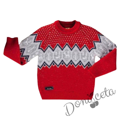 Плетен коледен пуловер в червено и сиво за момче
