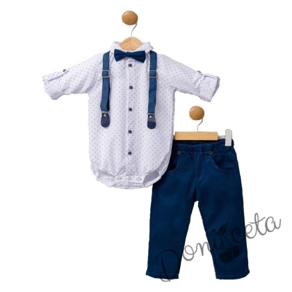 Бебешки комплект от боди-риза в бяло  с дълъг ръкав, панталон,тиранти и папийонка в синьо