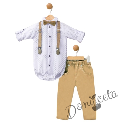 Бебешки комплект от боди-риза в бяло  с дълъг ръкав, панталон, тиранти и папийонка в бежово