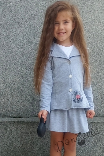 Детски комплект от пола и сако в сиво с панделка