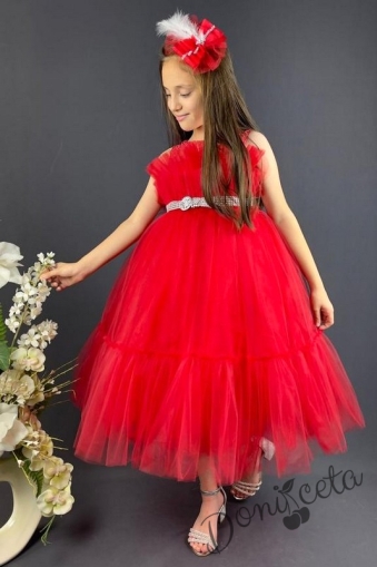 Официална детска рокля без ръкав Миналия с богат тюл в червено и панделка за коса