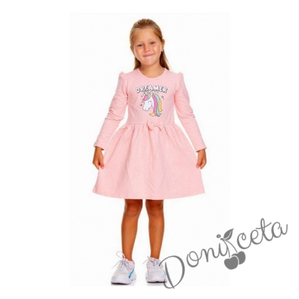 Ежедневна детска рокля с дълъг ръкав в розово с Пони/Еднорог Dreamer