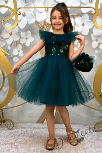 Официална детска рокля без ръкав с богат тюл в тъмнозелено 1