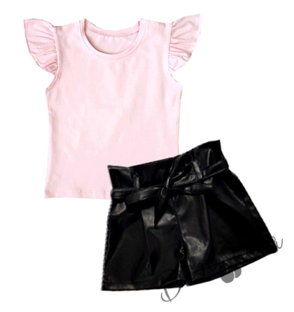 Комплект за момиче от кожени къси панталони в черно и тениска в розово 544125