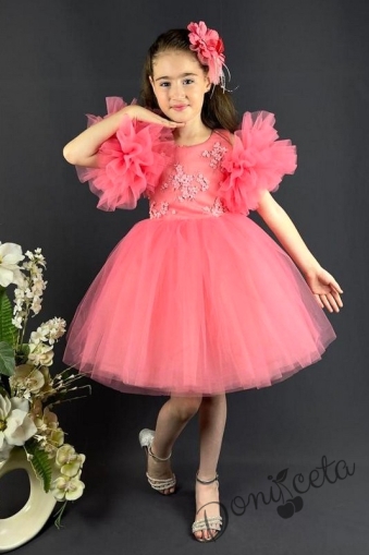 Официална детска рокля с богат тюл в цвят корал с 3D цветя с диадема