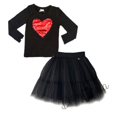 Комплект от пола  и  блуза в черно със сърце от пайети в червено