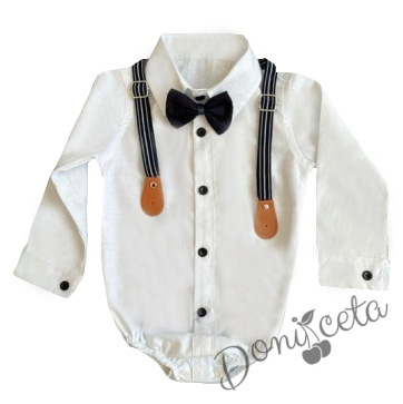 Боди-риза за момче в  бяло с тиранти и папийонка