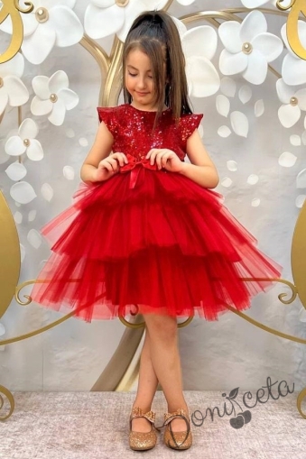 Детска официална рокля Кара в червено от пайети и тюл на пластове с панделка за коса 1