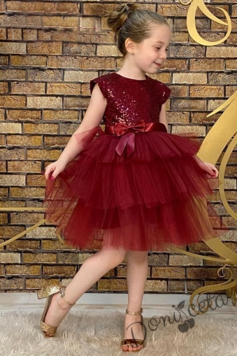 Детска официална рокля в бордо от пайети и тюл на пластове с панделка за коса 1