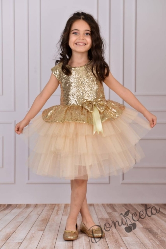 Детска официална рокля в златисто от пайети и тюл на пластове Валериа 1