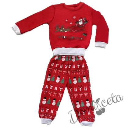 Коледен комплект от блуза в червено с дядо Коледа на шейна и панталонки на коледни мотиви