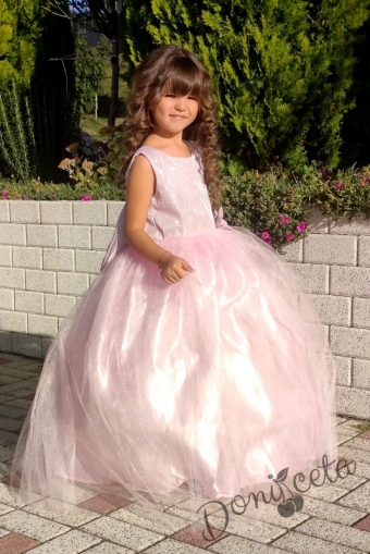 Официална дълга детска рокля в пепел от рози с обръч