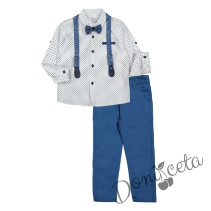 Комплект за момче от риза в бяло, папионка на точки с тиранти и панталони в светлосиньо
